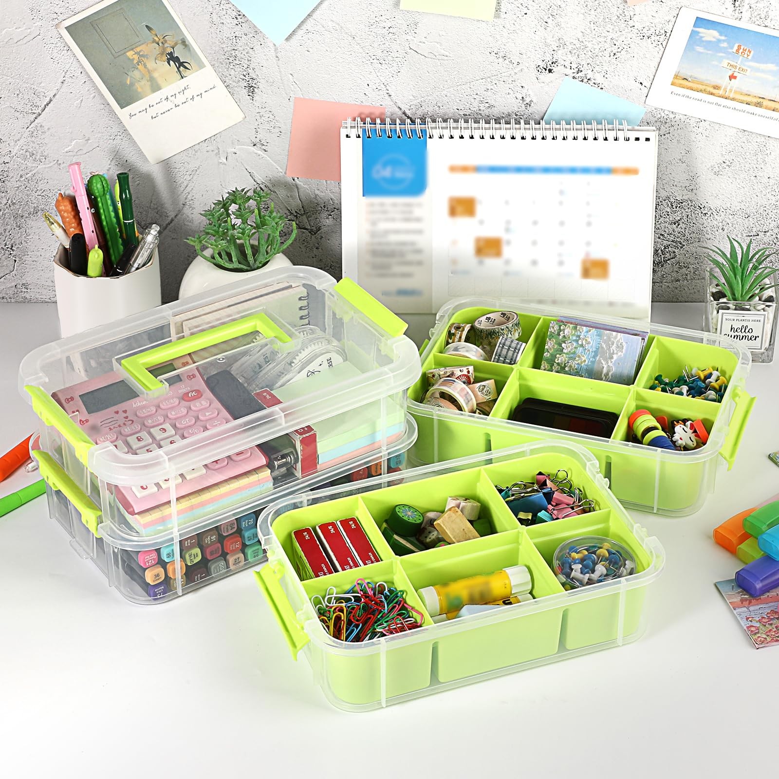 JUXYES 4-Tiers Stack Carry Storage Box With 2 Divided Tray, Transparent Stack...