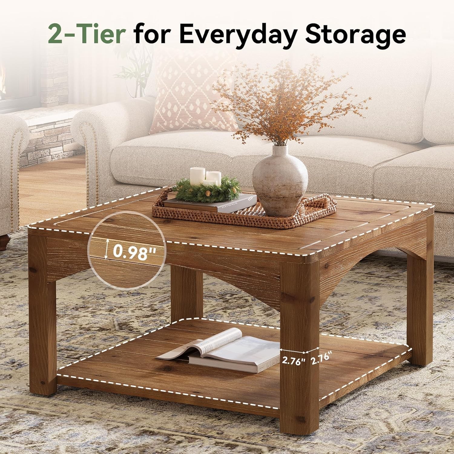 31.5-Inch Solid Wood Coffee Table 2 Tier Square Center Table for Living Room