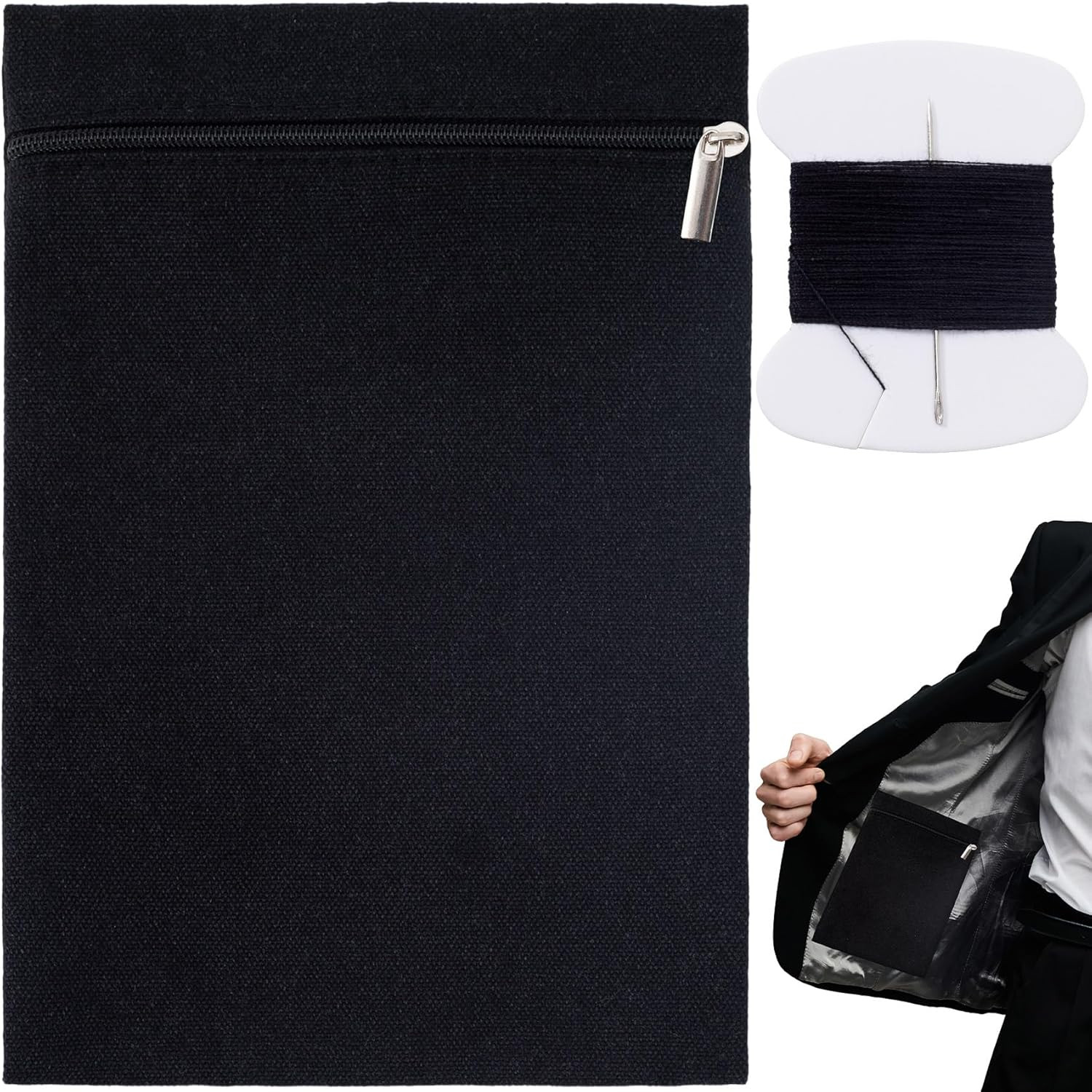 Sew-In Zippered Hidden Pocket Wallet for Clothing - Black
