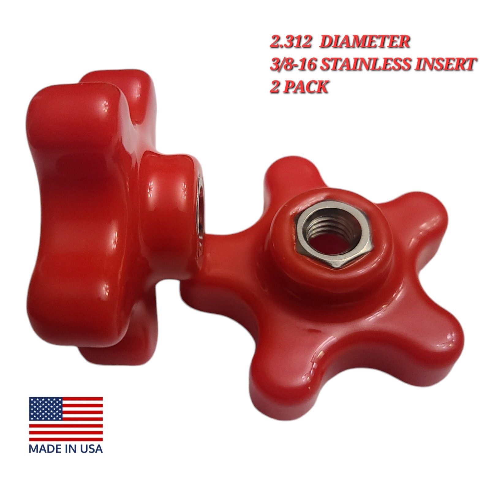 3/8-16, 2-5/16",  5 Star Knob Red (2 pack)  Thermoplastic, Stainless Insert