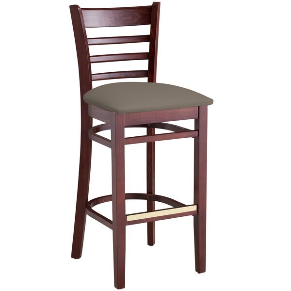 Mahogany Wood Finish Ladder Back Restaurant Barstool with Taupe Vinyl Seat