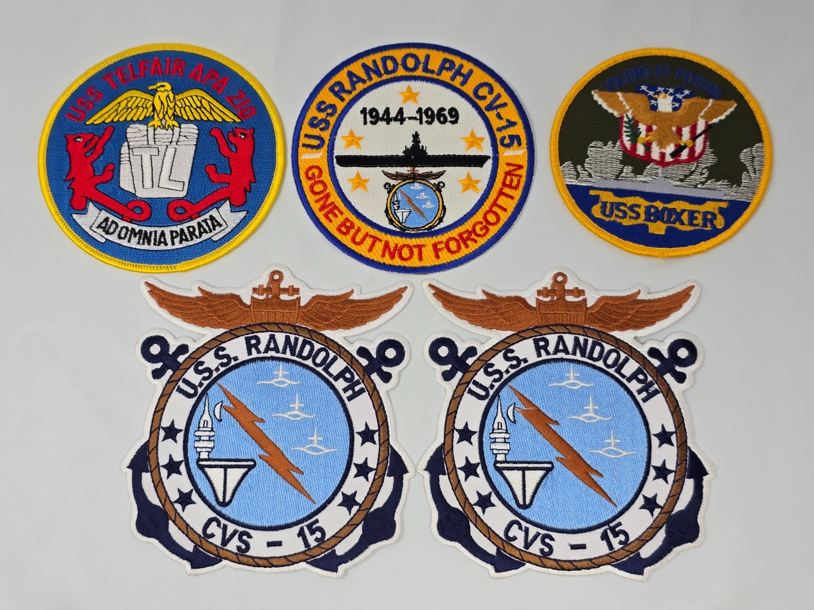 VINTAGE US Navy Patches USS Randolph Telfair Boxer - Lot of 5 Patches Repops