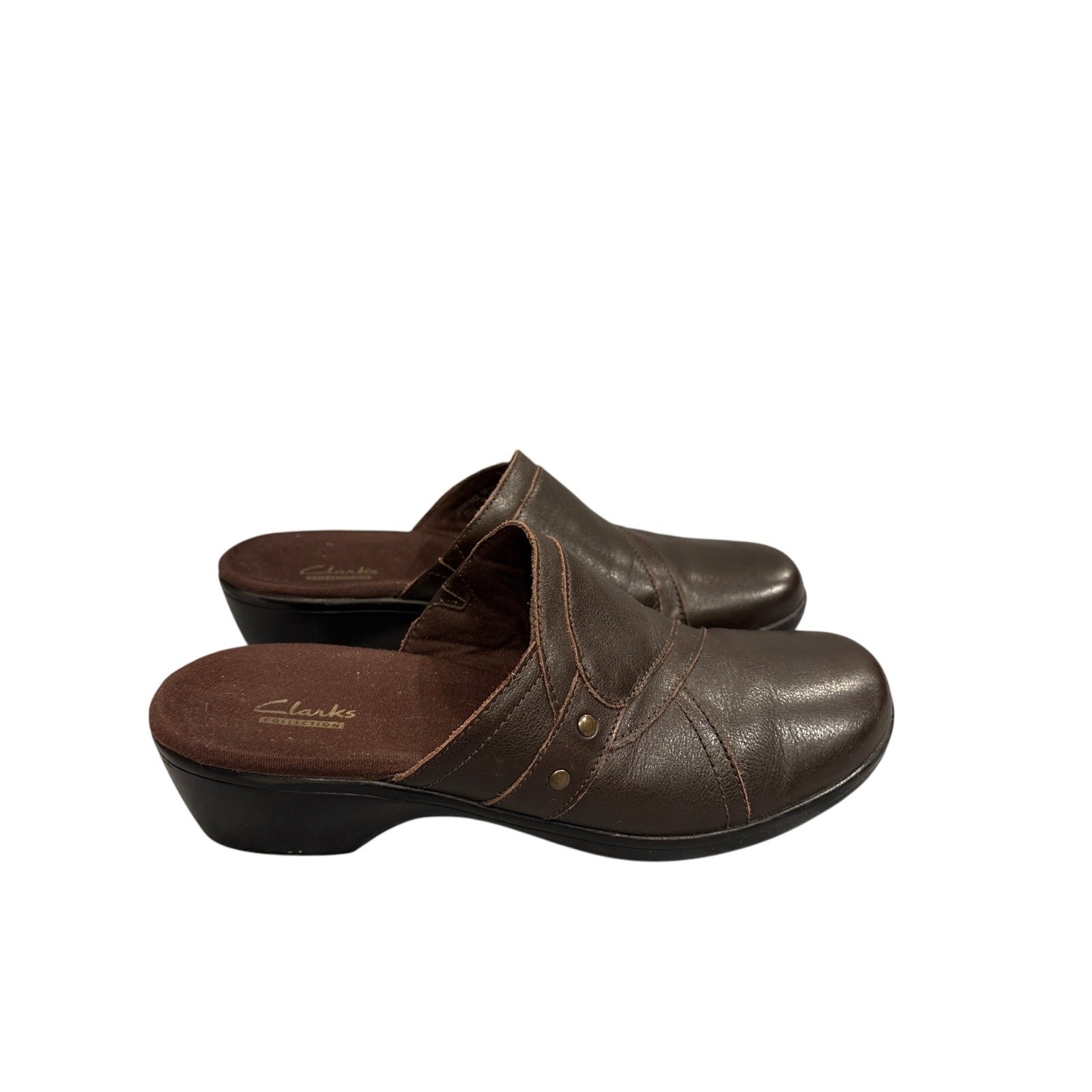 Clarks Collection Womens Brown Leather Mules Clogs Studded Low Wedge 8M 26067662