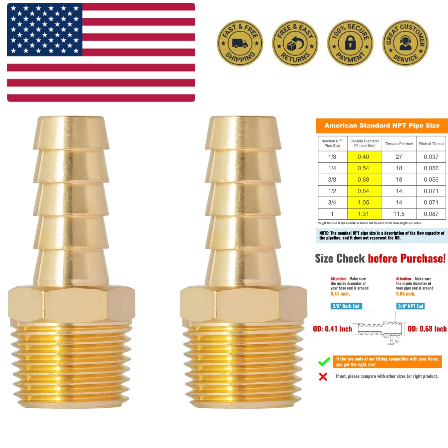3/8'' NPT Brass Hose Barb Fittings, 3/8'' NPT Male Thread to 3/8 Inch Barbed ...