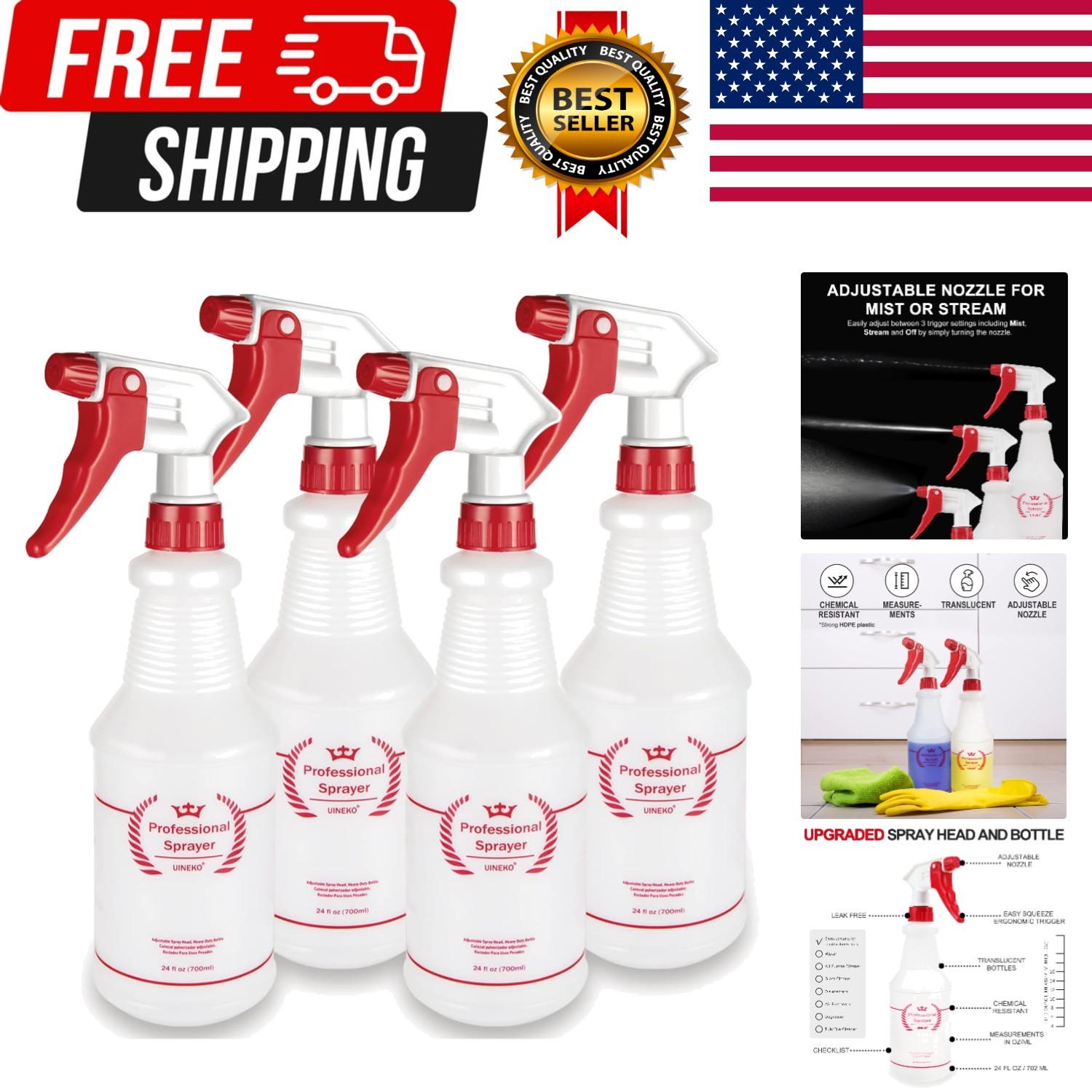 Plastic Spray Bottle 4 Pack, 24 Oz, All-Purpose Heavy Duty Spraying Bottles L...