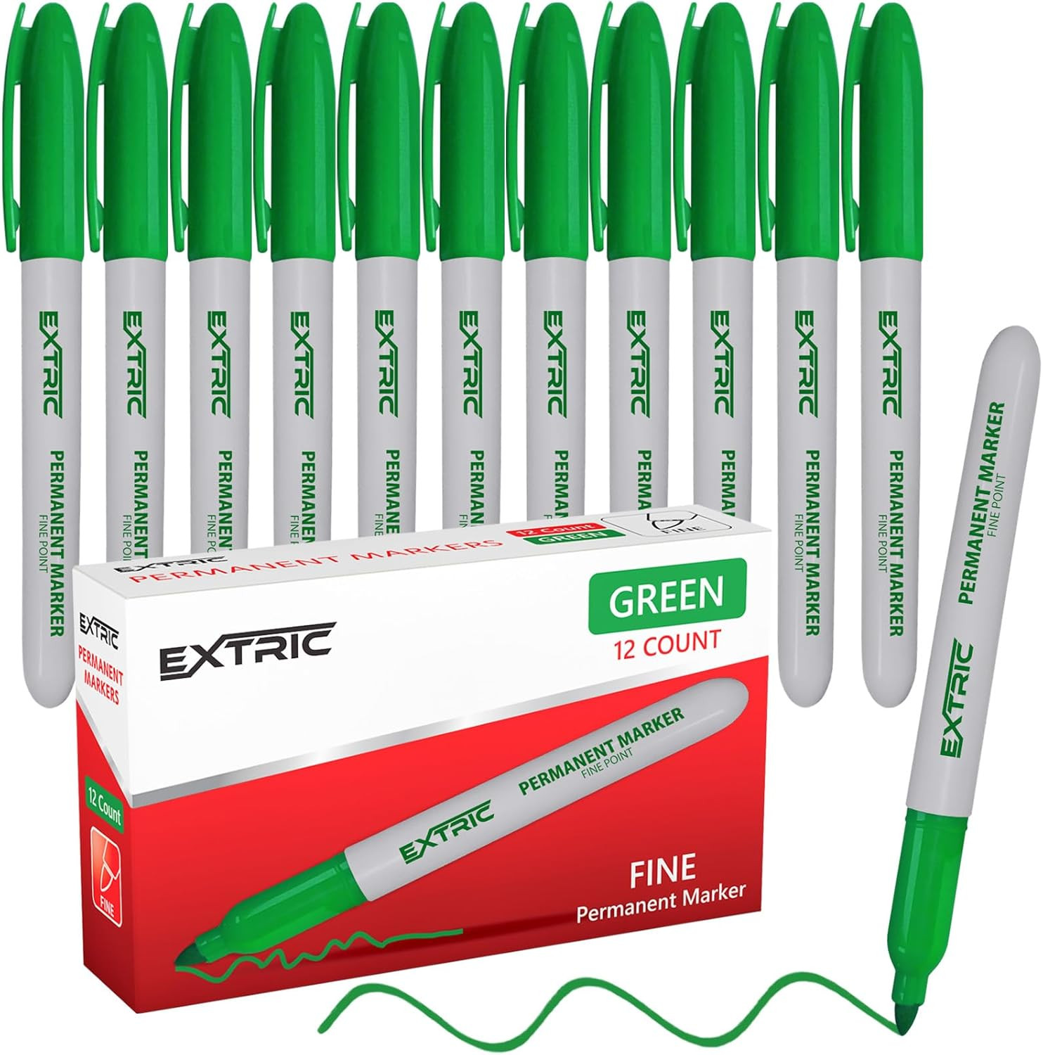EXTRIC Permanent Markers Green, 12 Count Fine Point Markers, Quick Drying, Work