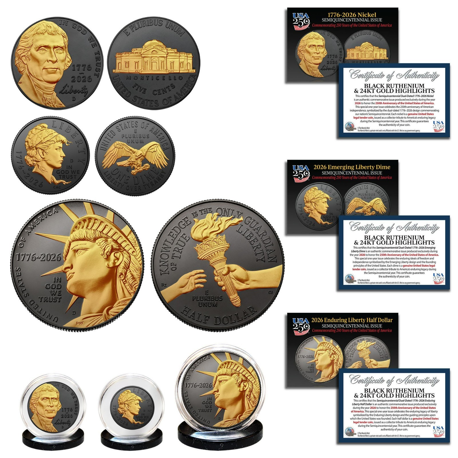 2026-D Enduring + Emerging + Jefferson 3-Coin Set BLACK RUTHENIUM & 24K GOLD