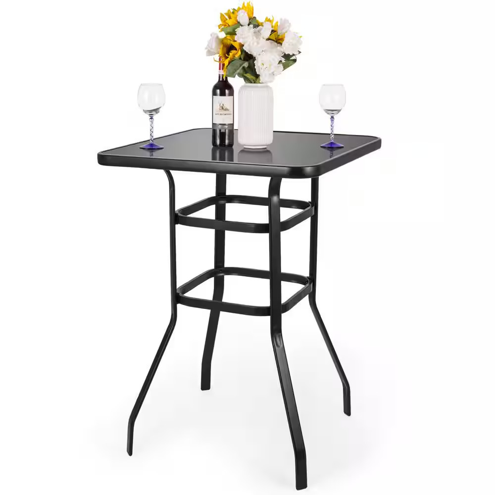Outdoor Bar Table 31.5 In. Square Bar Height Patio Table with Tempered Glass Top