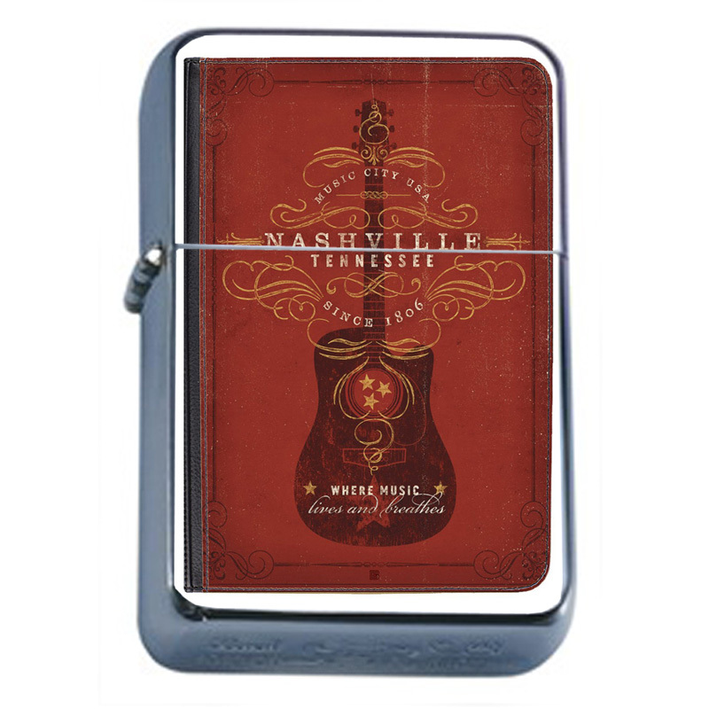 Silver Flip Top Oil Lighter Vintage Poster D 39 Nashville Tennessee Red Guitar