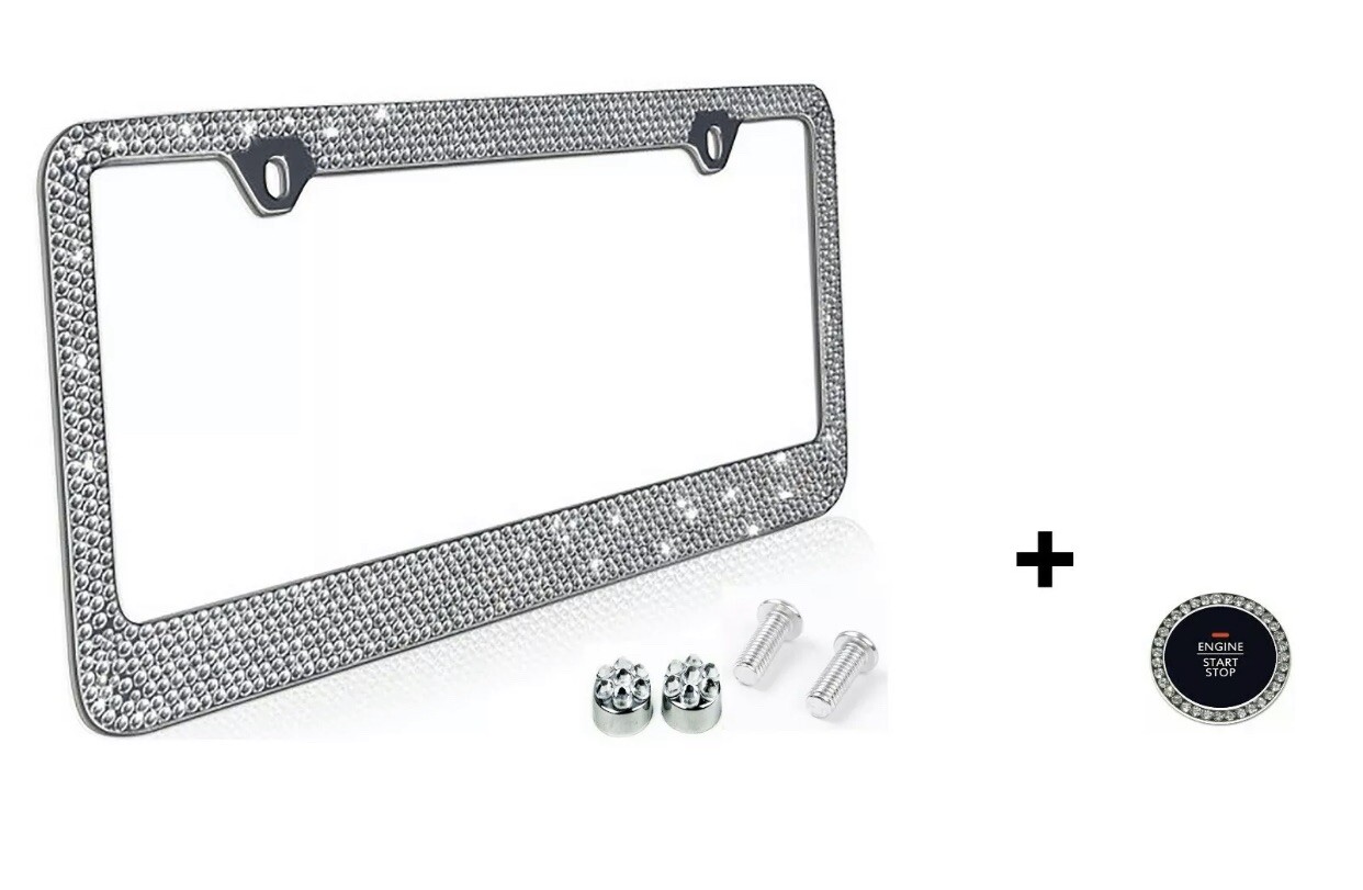 5 Row Rhinestone Bling License Plate Frame Holder+Crystal Bling Ring Emblem+Caps