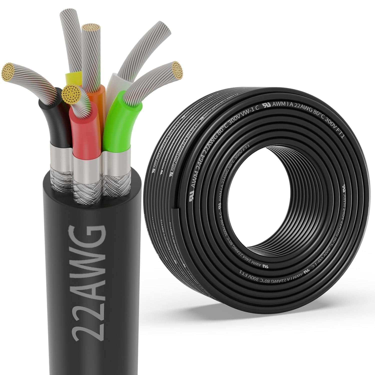 22 Gauge 6 Conductor Shielded Wire 100FT, UL2464 22 AWG 6 Core Cable 100FT