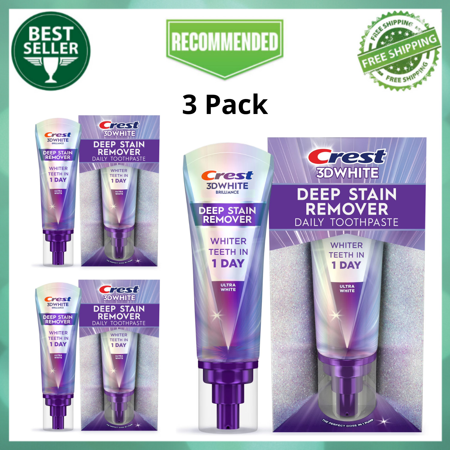 3Pk Crest 3D White Brilliance Deep Stain Remover Whitening Toothpaste Mint 3.1oz