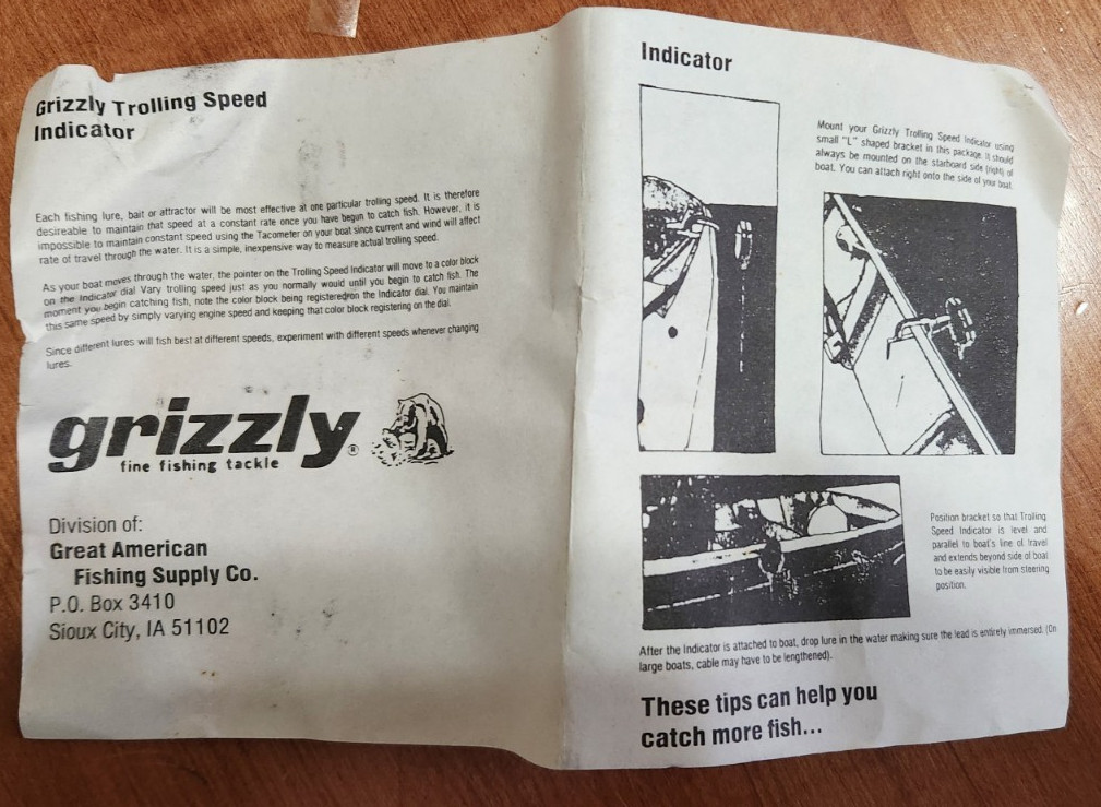 VINTAGE GRIZZLY TROLLING SPEED INDICATOR