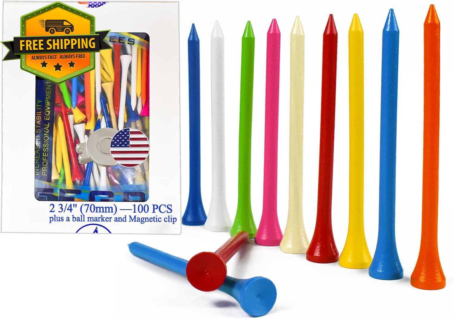 100PCS Wooden Golf Tees 70MM Mixed Color Biodegradable Golf Tee Pack