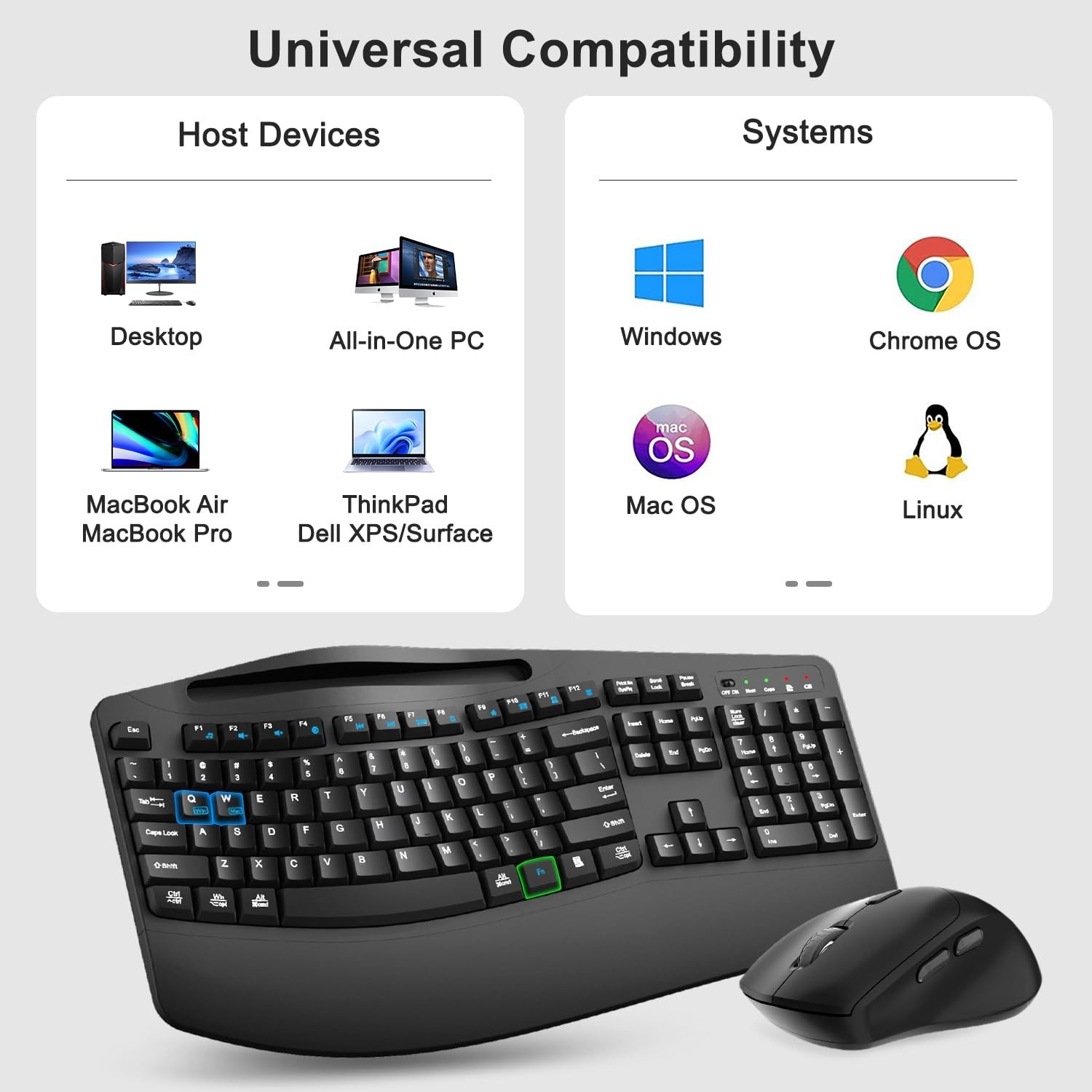 Wireless Keyboard and Mouse Combo, Full Size Ergonomic Wave Keys(Black) | 2.4...