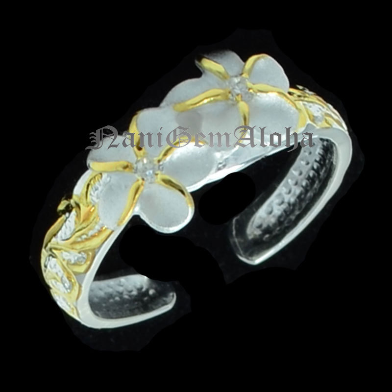 Hawaiian Silver Scroll Engraved 2 Plumeria Flower 4mm Gold Plated Toe Ring