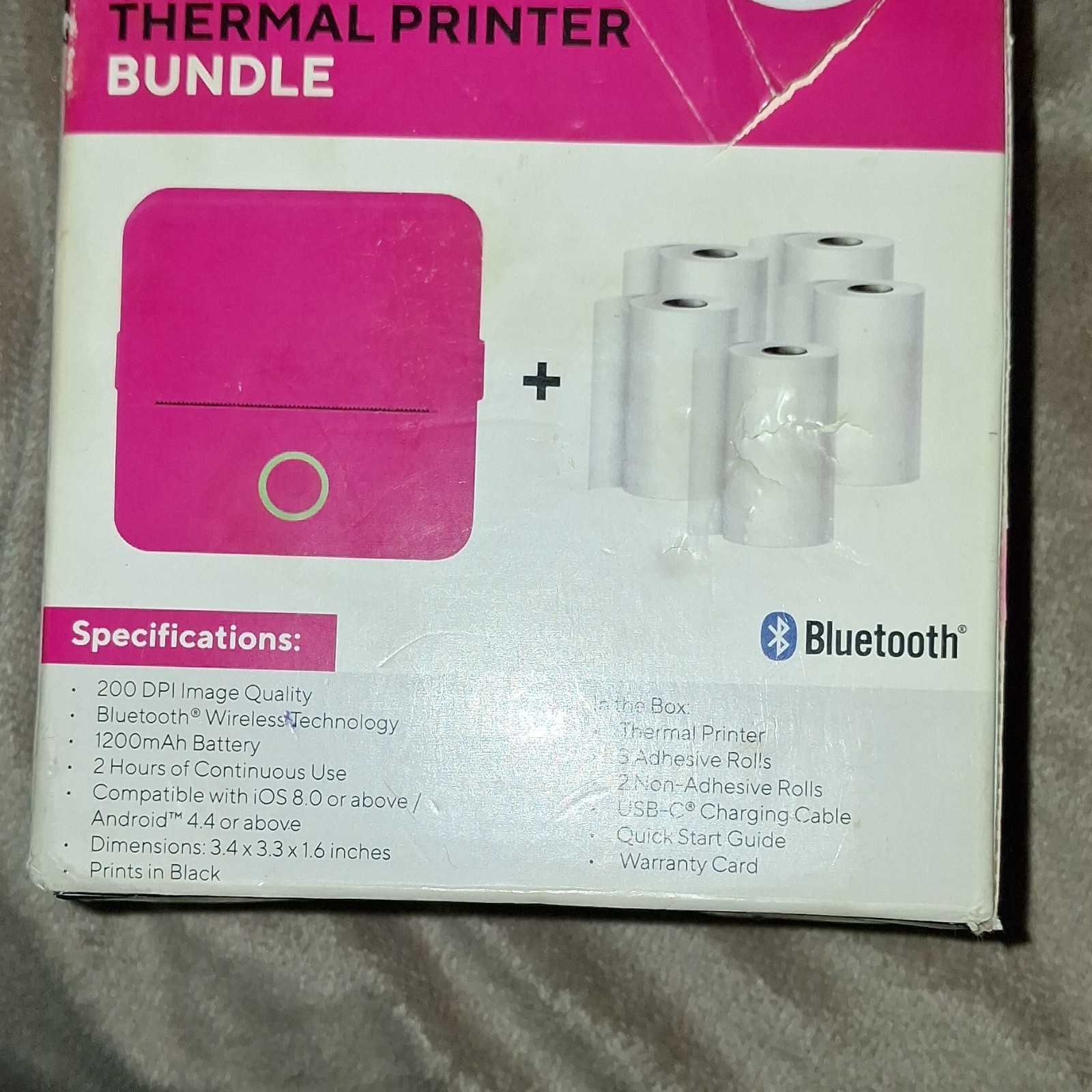 Wireless Bluetooth Thermal Printer Bundle, 200 DPI, 1200mAh, USB-C, Pink, 5 Rol…