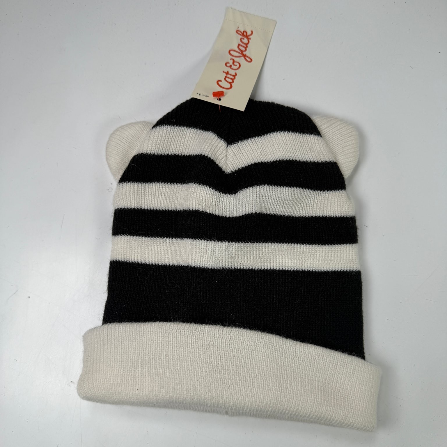 Cat & Jack Hat Beanie Boys Black White Striped One Size Acrylic Knit Ears