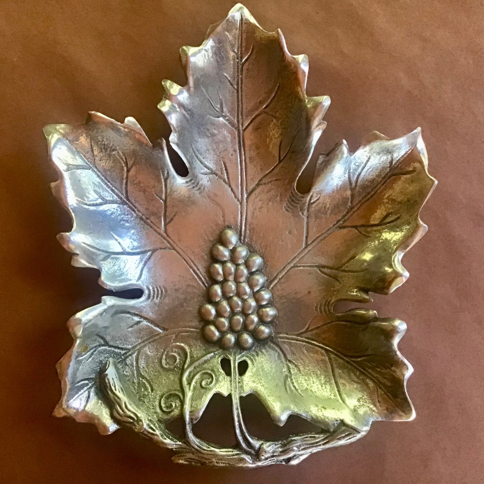 R.H. Macy & Co. Pewter Metal Serving Tray, Grape-Leaf Shape, 11” x 13”