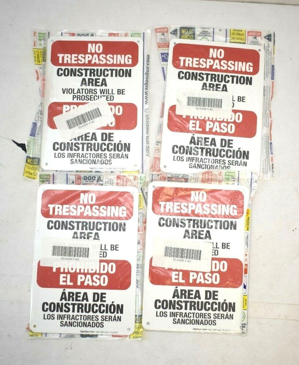 Lot Of 4 Sigo Sign No Trespassing Construction Area Bilingual Aluminum 10' x 14"