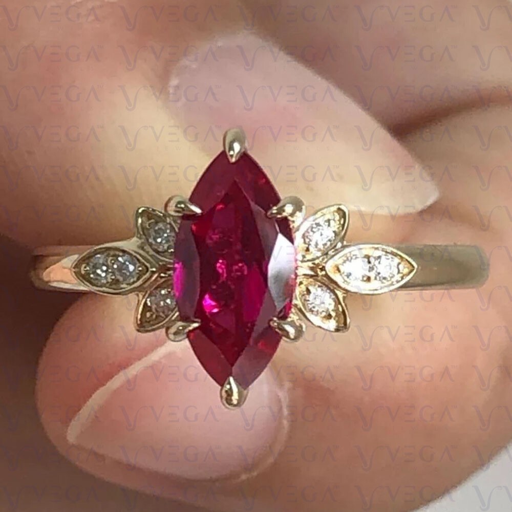 3.48Ct Marquise Cut Pink Natural Ruby & Diamond 100% 14k SOLID Yellow Gold Ring
