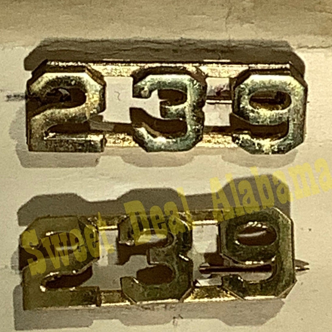 Early/Mid 1900s Brass C-Clasp "239" Collar Devices 3/8"H Hat / Lapel Pins Set