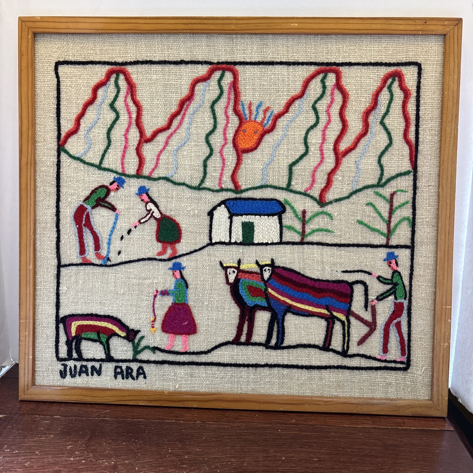 Vintage Wool Children Of Chijnaya Embroidery Wood Frame Life Peruvian Andes