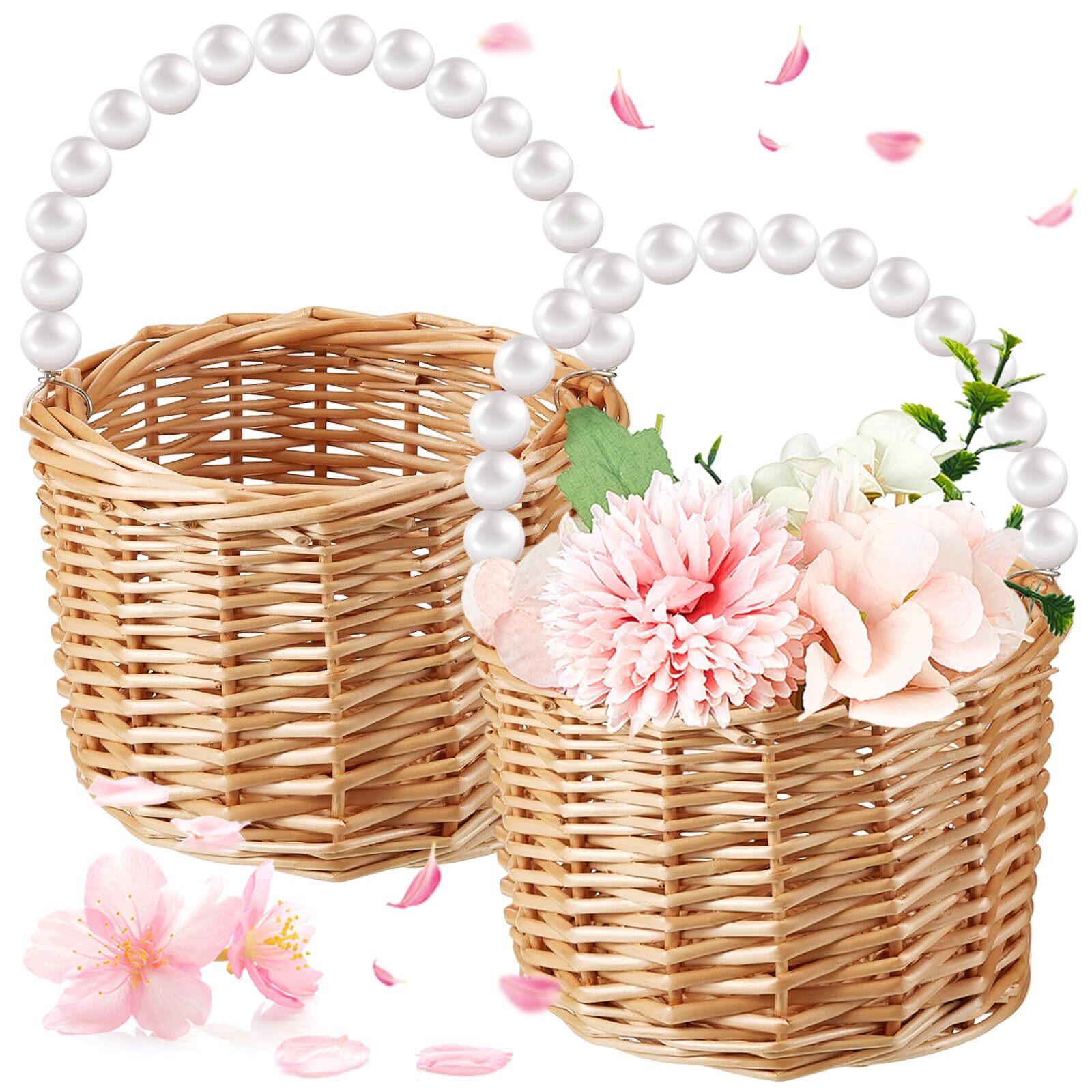 Flower Girl Basket Set of 2 Woven Basket with Pearl Handles Valentines Day Decor