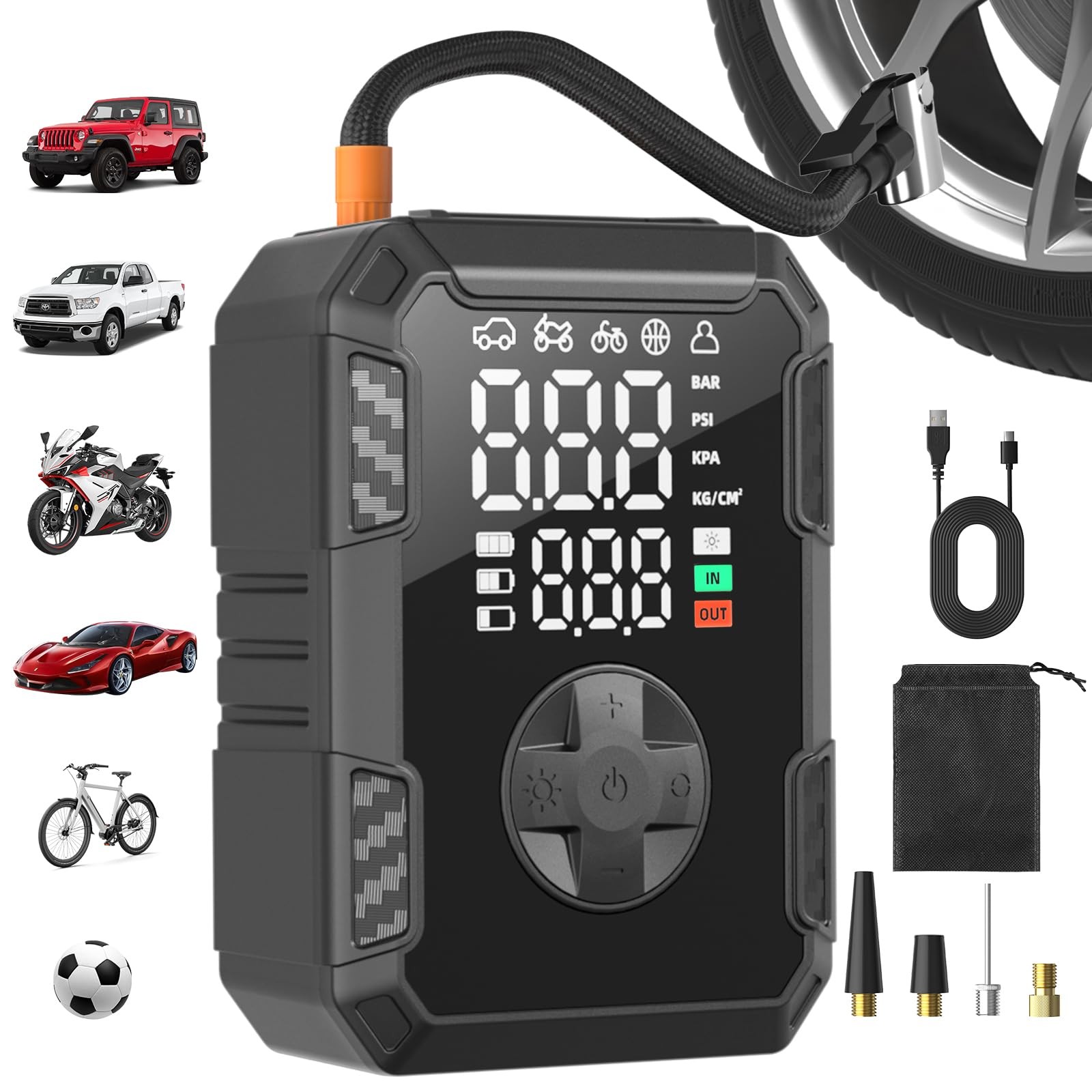 Oasser Cordless Tire Inflator Portable Air Compressor Pump M, Pure black