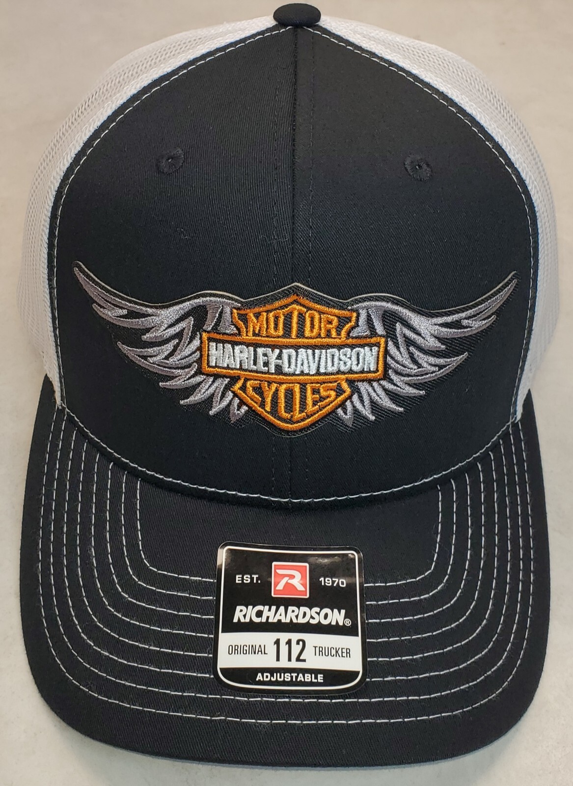 HD Wing Patch on Richardson 112 Trucker Hat Snapback Black/White