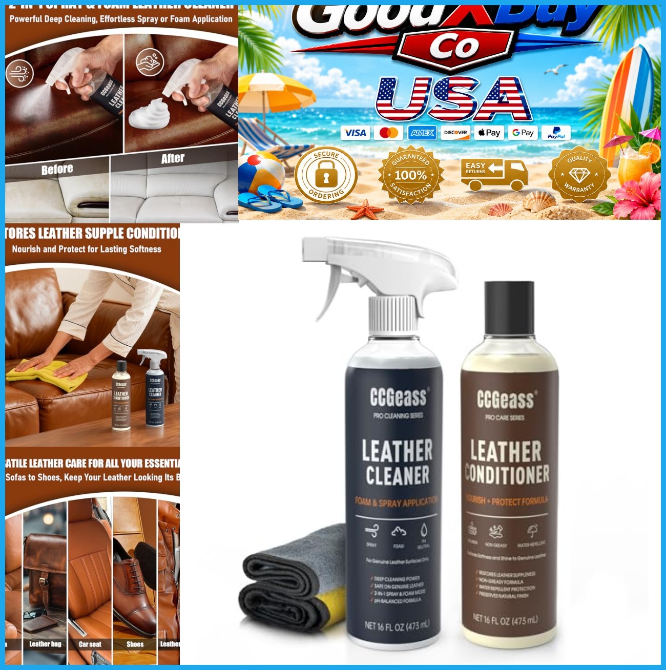 Leather Cleaner & Conditioner Kit 2x16oz pH-Balanced Car Seat Furniture Shoe