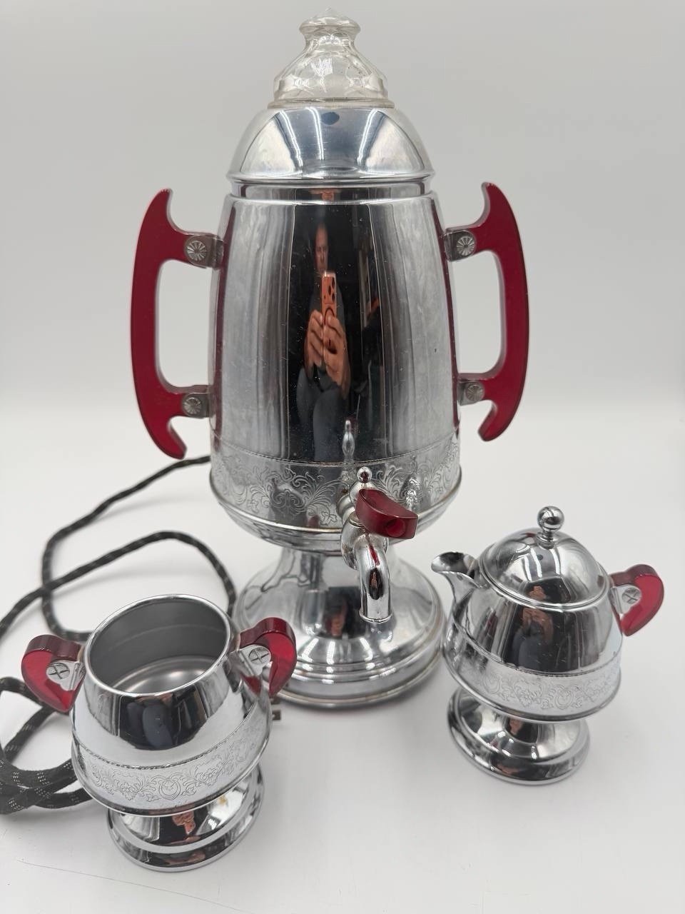 VTG Vulcan/United Coffee Percolator Creamer Sugar Set Red Bakelite
