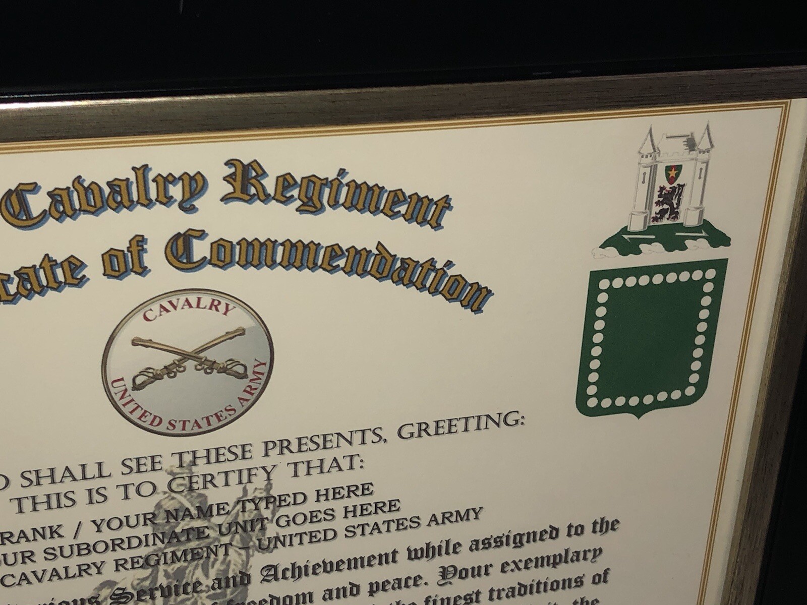 33RD U.S. CAVALRY REGIMENT / COMMEMORATIVE - CERTIFICATE OF COMMENDATION