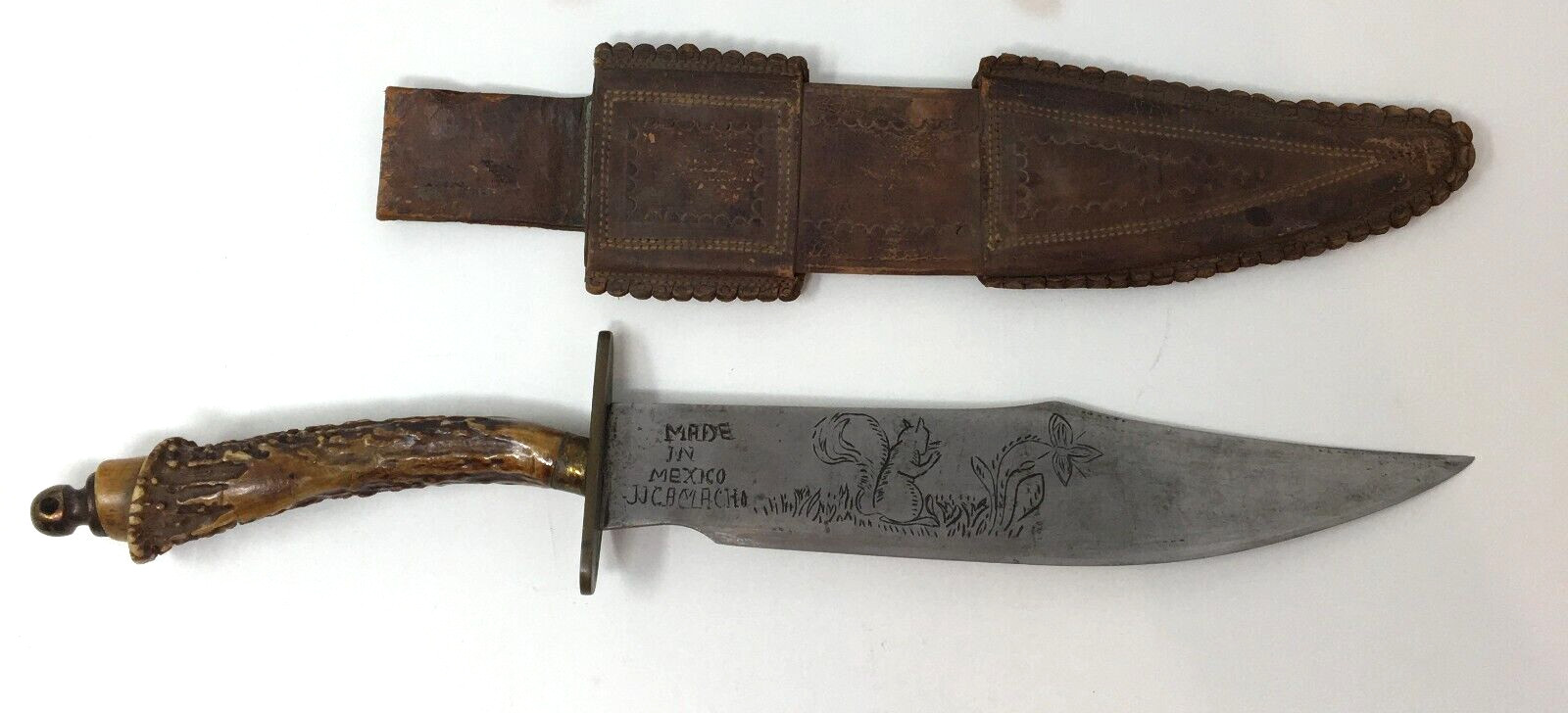JJ CAMACHO Knife with Sheath 8 Inch Blade 13 Inches Overall Deer Horn Handle