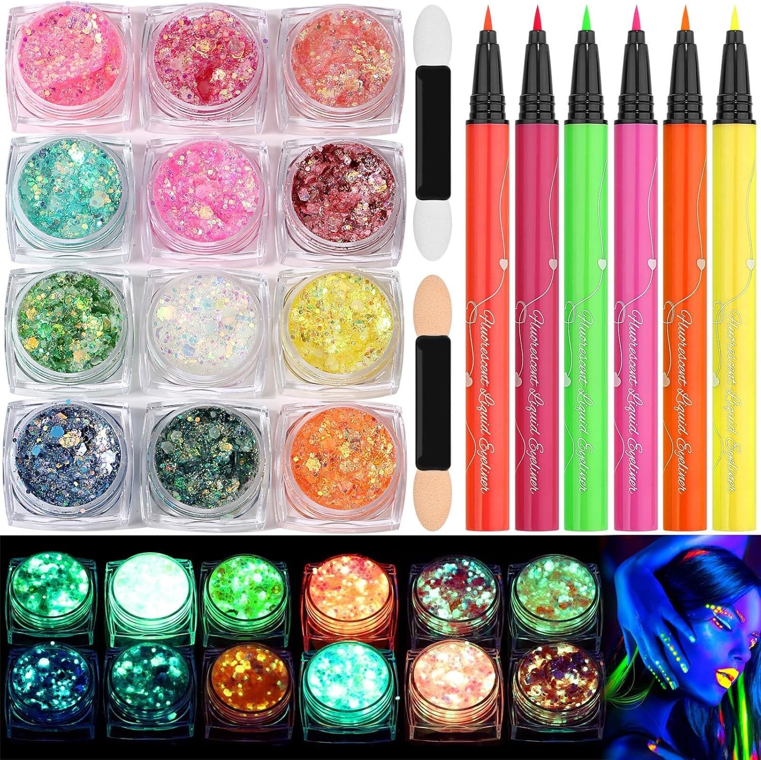 Glow in The Dark Glitter Gel with UV Neon Eyeliner Set for Body Face Hair Eyes