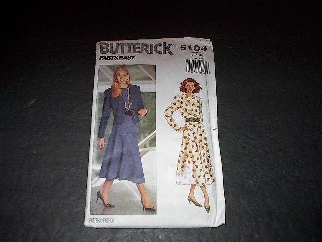 Butterick Pattern 5104 Misses Loose-Fitting Unlined Jacket and Dress 12 ~ 16 Unc