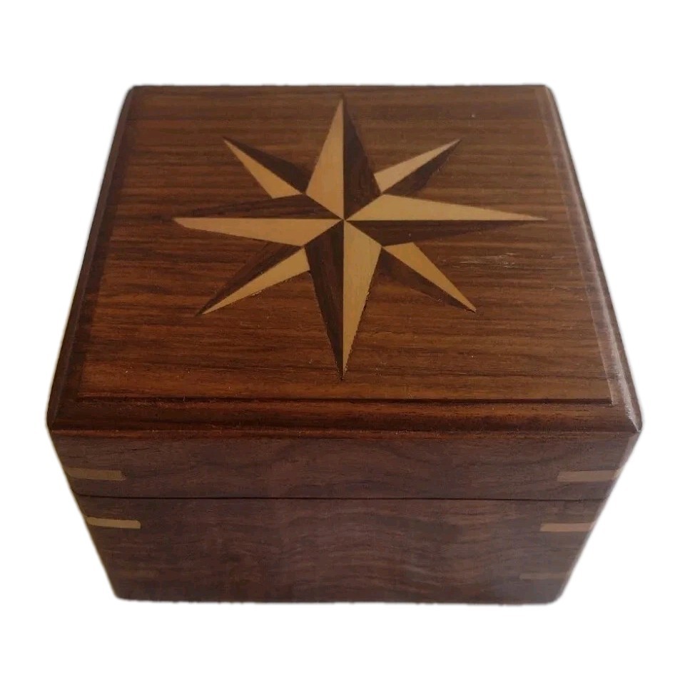 Wood Hinged Box With Compass Inside 4.75" X 4.75" X 3.25"