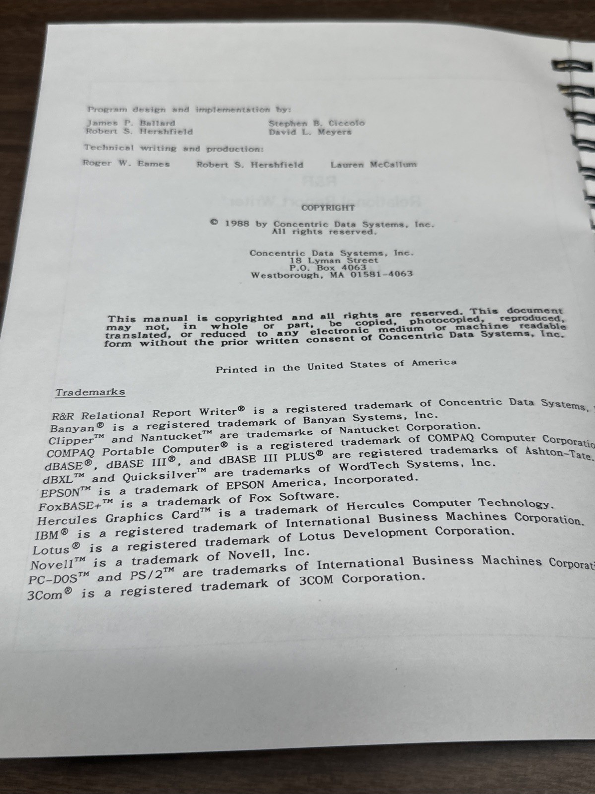 Concentric Data Systems R&R Relational Report Writer dBase Manual 1988 Version 3