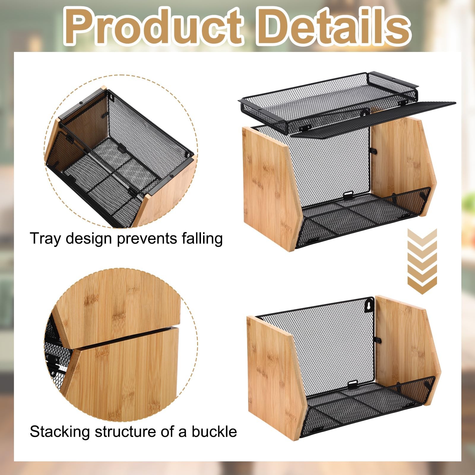 2PCS Stackable Mesh Fruit Basket Wall Mounted Storage Bin for Kitchen Bathroom