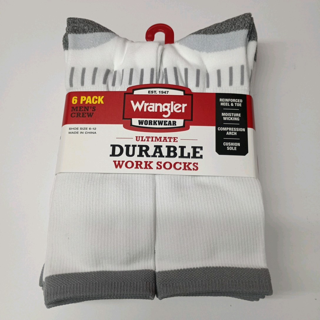 Wrangler 6 Pair Men Ultimate Durable Work Socks Sz 6-12 Reinforced Toe White New