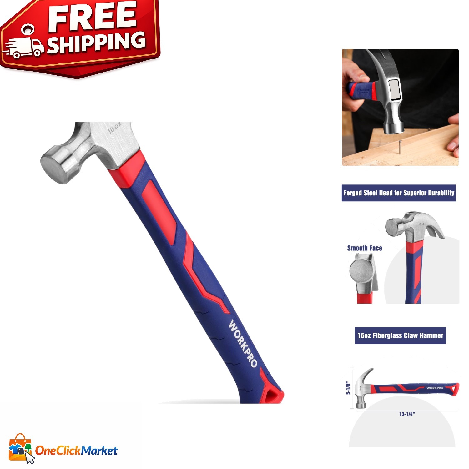 16 oz Claw Hammer with Shock Reduction Fiberglass Handle & Steel Head