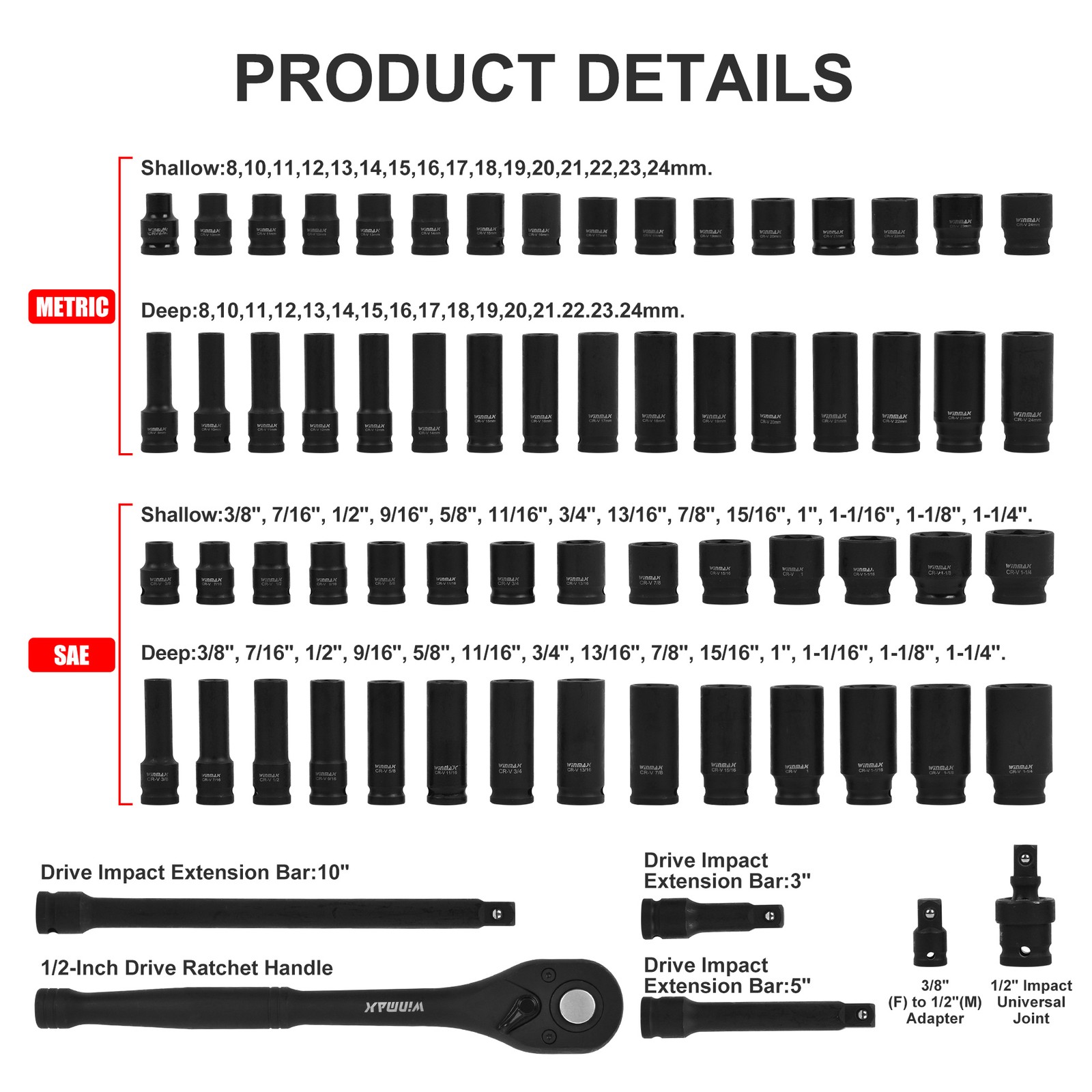 1/2in Drive Impact Socket Set SAE Metric 6 Point Shallow & Deep Socket Set 66PC