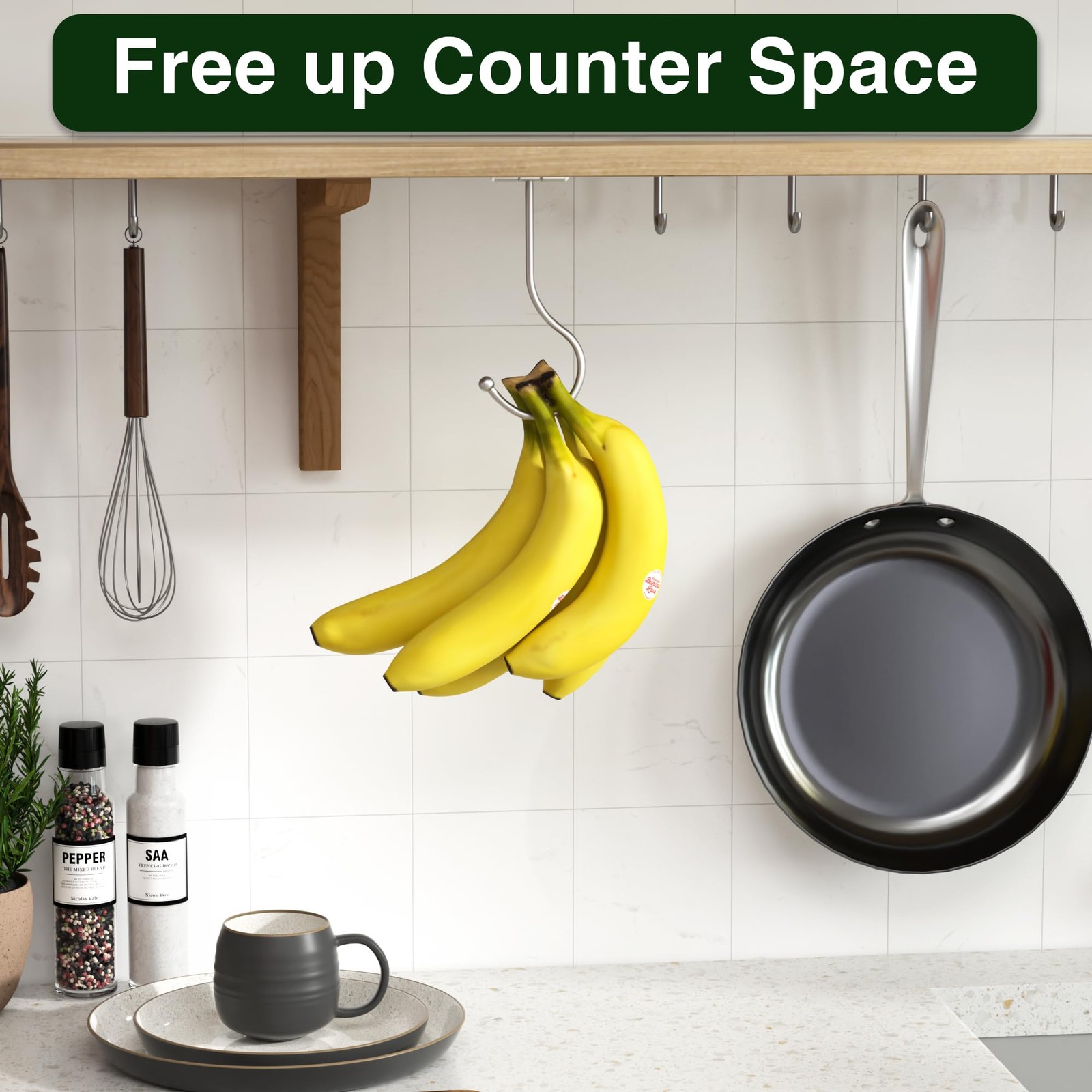 Banana Hanger Hook Under Cabinet - Stainless, Adhesive, Holds 13 LB, 2 Pack