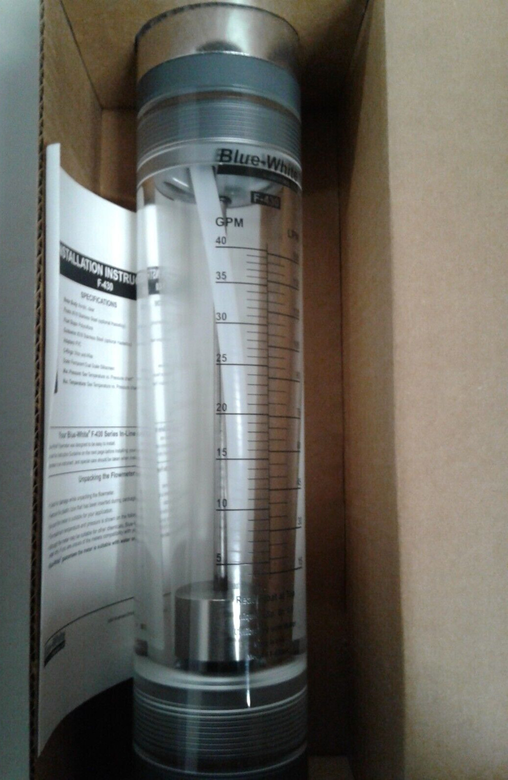 Blue White Industries F-43040LNS Flowmeter F-430N 4-40 GPM 2.0 F/NPT PVC - New