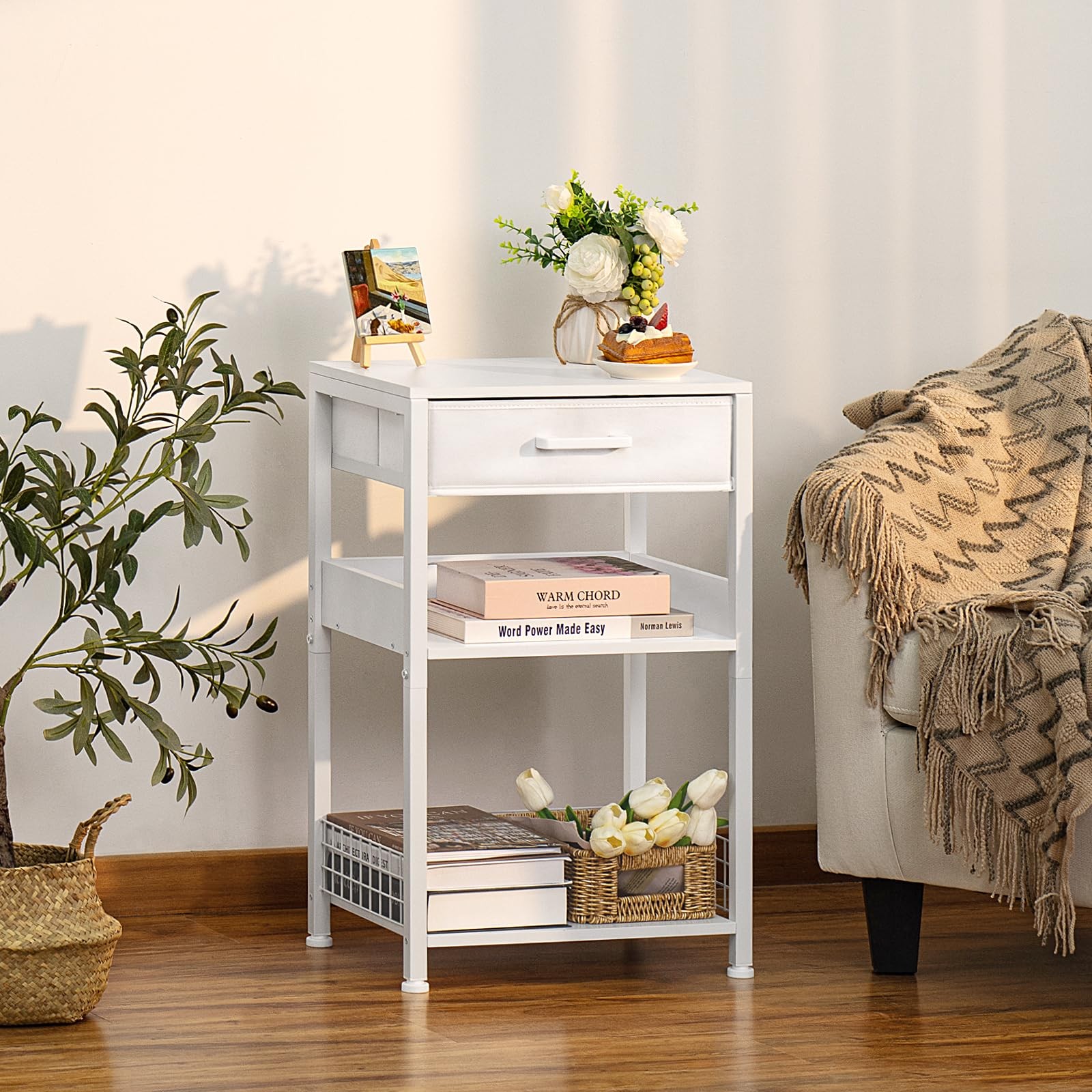 White Printer Stand with Fabric Drawer, 3 Tier Industrial Side Table, Modern ...