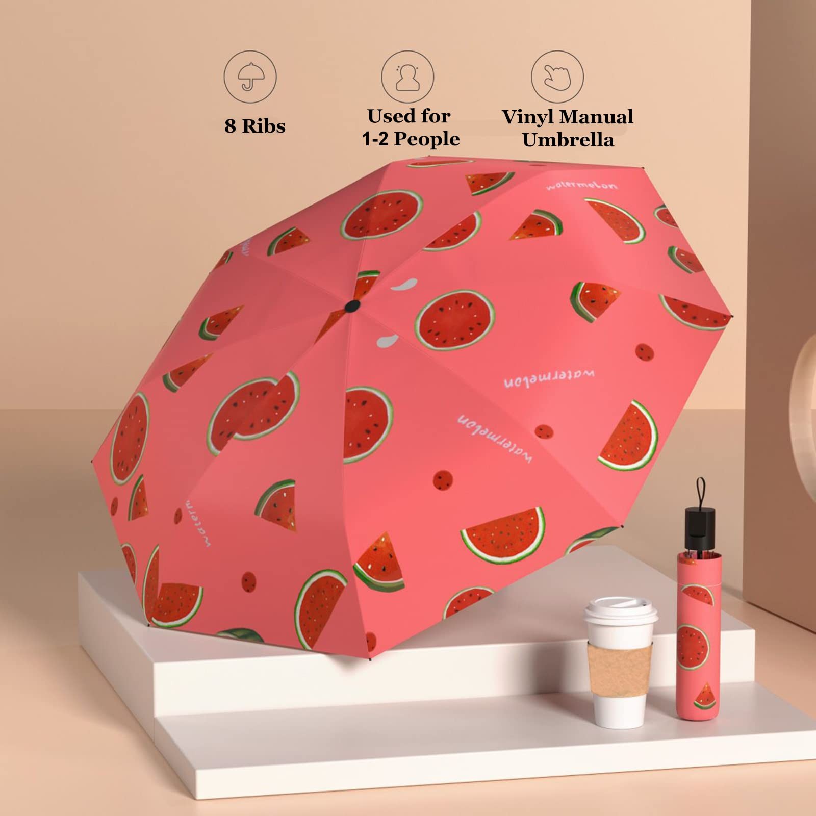 Manual Open Foldable Umbrella With Watermelon Pattern, One Size, Red