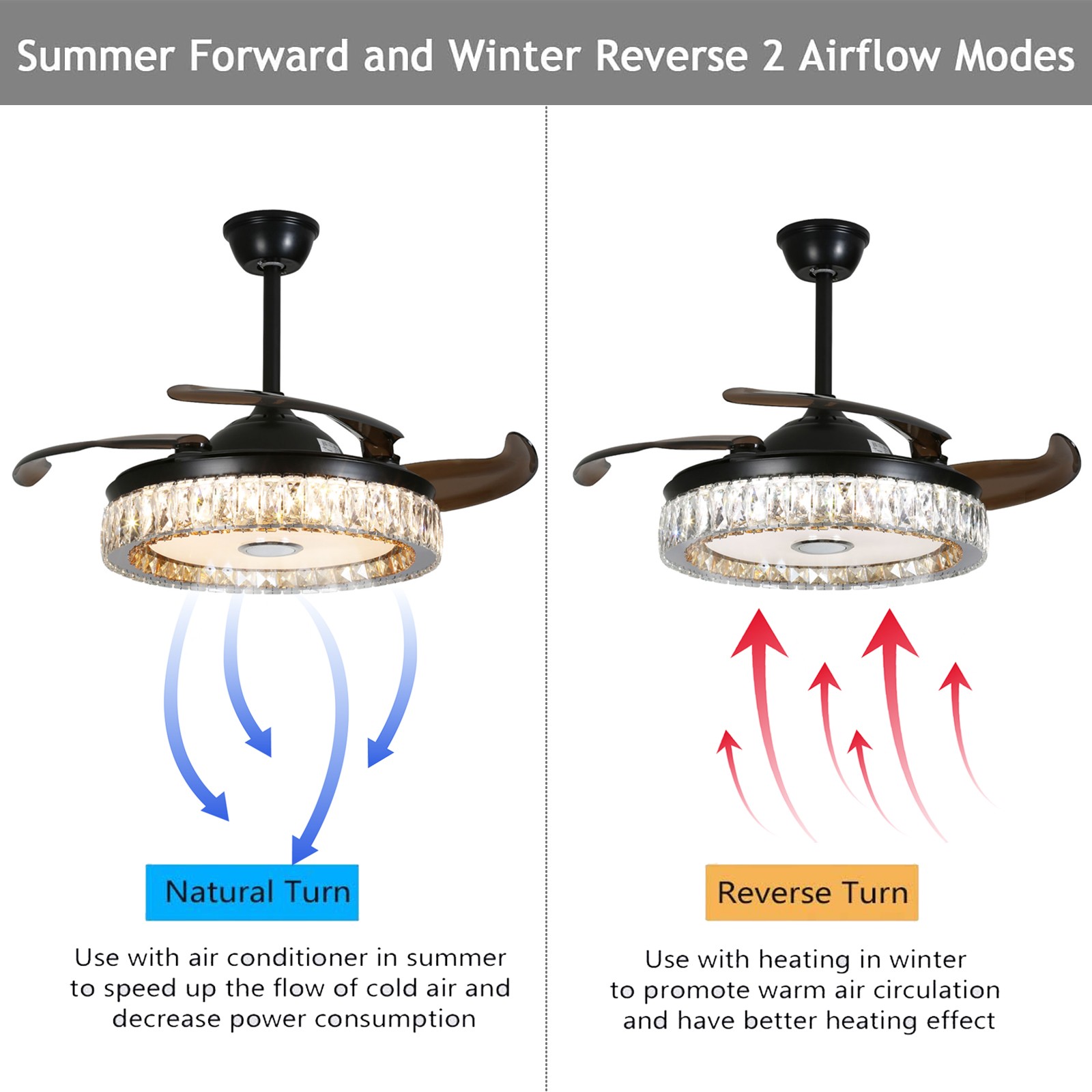 Ceiling Fan With Led Light 42 Inch Remote Control Retractable Black Crystal