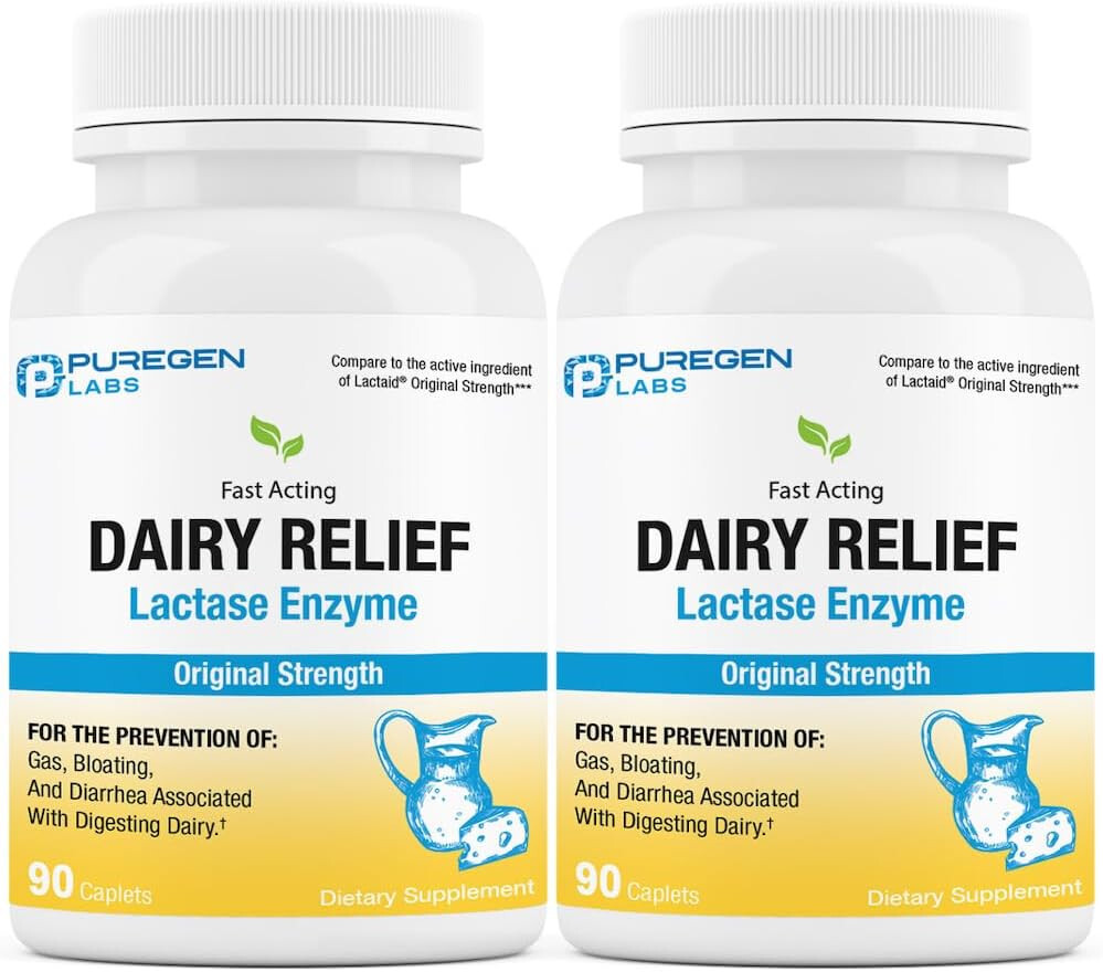 Puregen Dairy Relief Fast Acting Lactase Enzyme 3000 FCC 90Caplets 2Pk