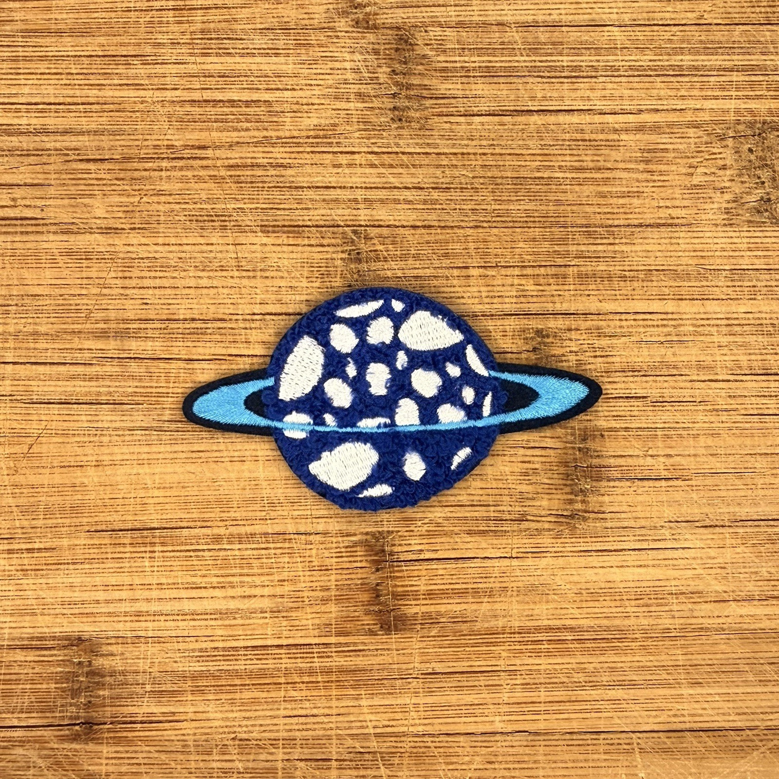 Outer Space Planet Rings Blue White 3.5x1.75in Chenille Patch Sew On