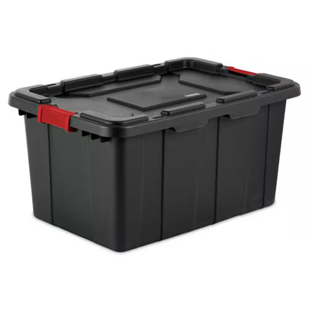 Sterilite 27 Gal Industrial Tote Stackable Storage Bin with Latching Lid, 4 Pack